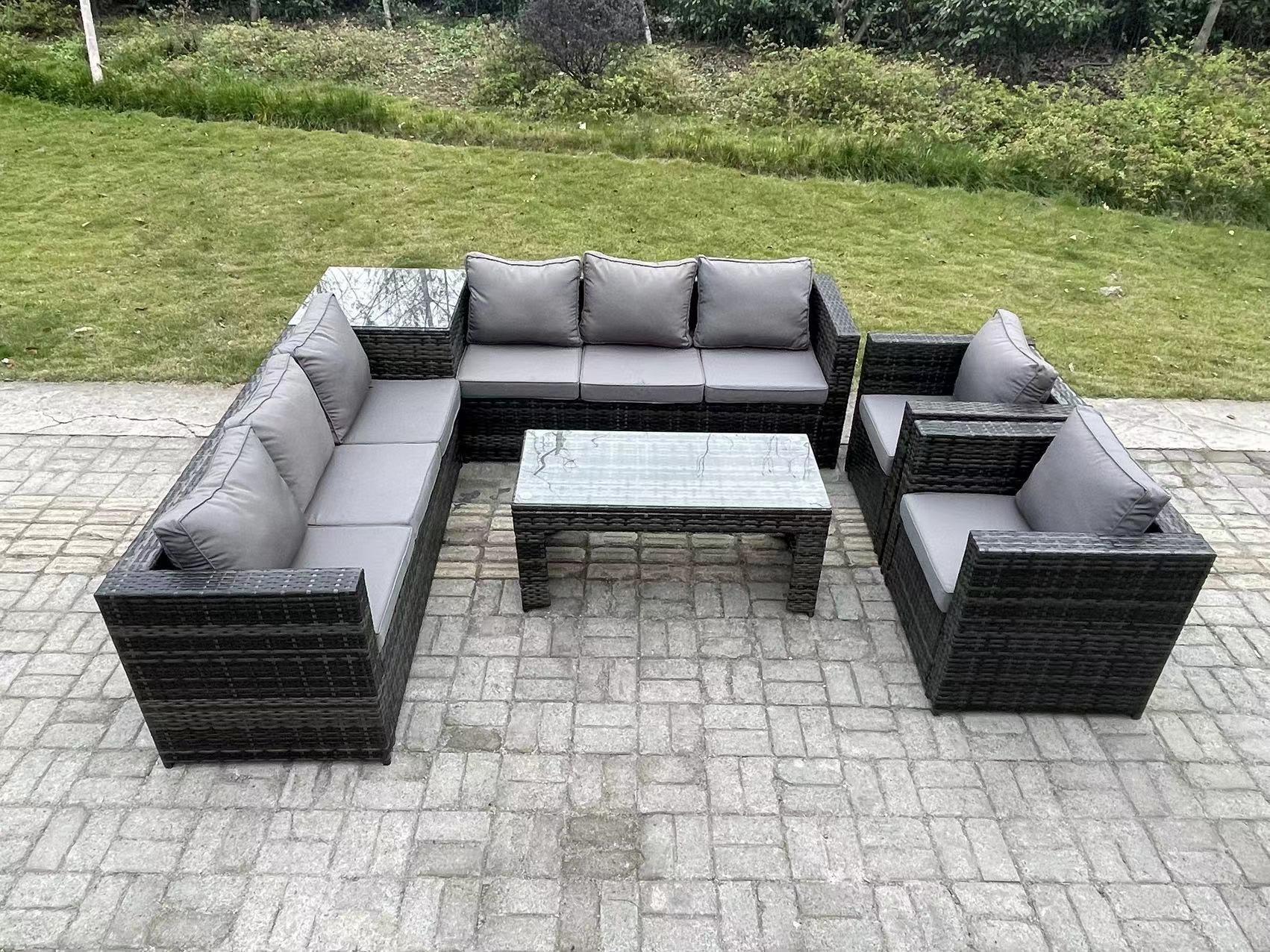 8 Seater Rattan Corner Sofa Set With Square Side Table And Oblong Rectangular Coffee Tea Table Arm C